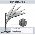 Dark grey cantilever parasol with adjustable tilt crank mechanism and support arm