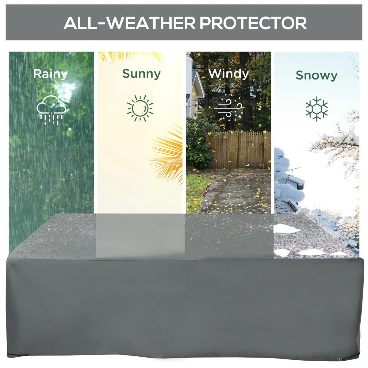 Gray all-weather outdoor furniture cover shown with rain, sun, wind, and snow icons