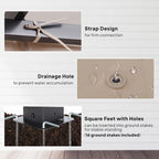 Metal pergola hardware details: strap connection, drainage hole, and square feet