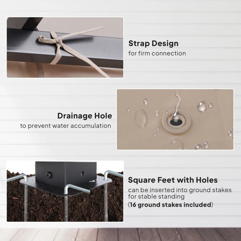 Metal pergola hardware details: strap connection, drainage hole, and square feet