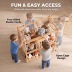 Wooden toy storage zoo with open cage front for easy access to stuffed animals