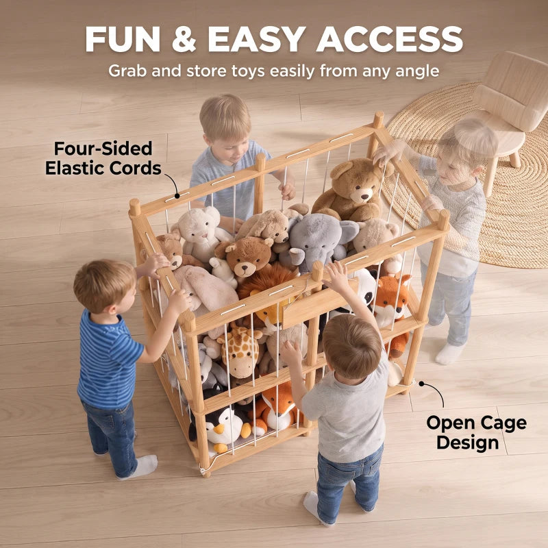 Wooden toy storage zoo with open cage front for easy access to stuffed animals