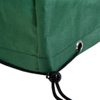 Close-up corner of green patio furniture cover with black drawcord and metal grommet for tying.
