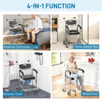 Black commode chair with padded seat, armrests, and removable bucket