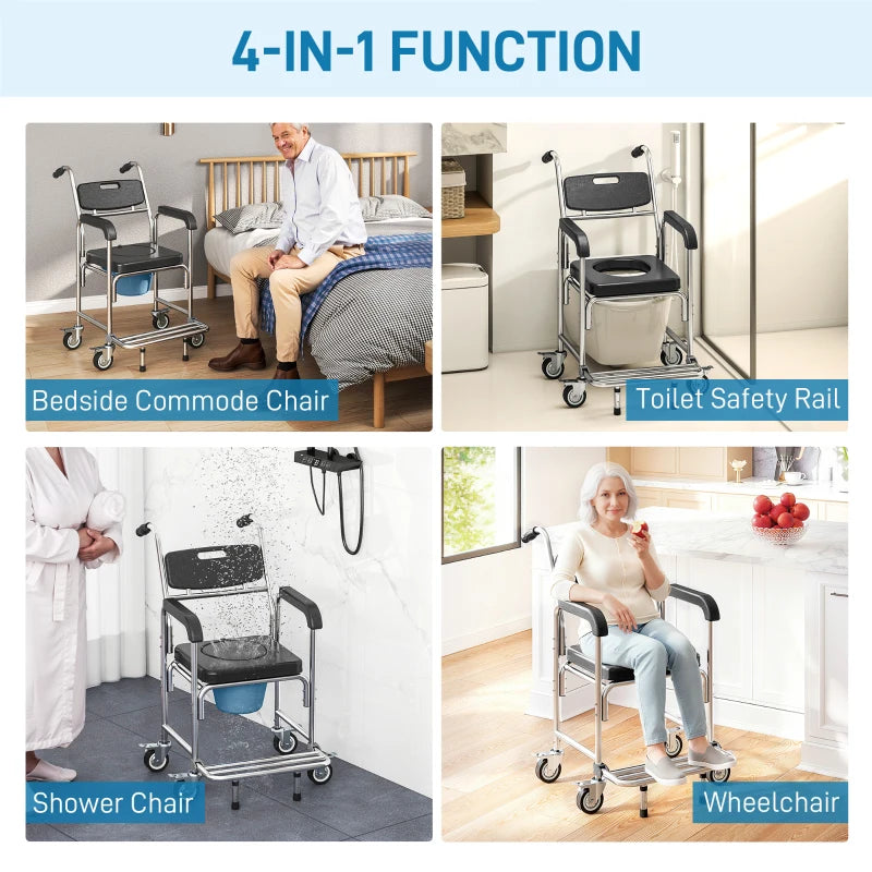 Black commode chair with padded seat, armrests, and removable bucket