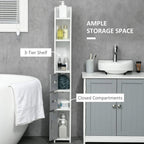 Narrow freestanding cabinet with open shelves and two drawers plus a closed storage door