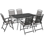 Grey outdoor dining set with glass-top table and six folding chairs