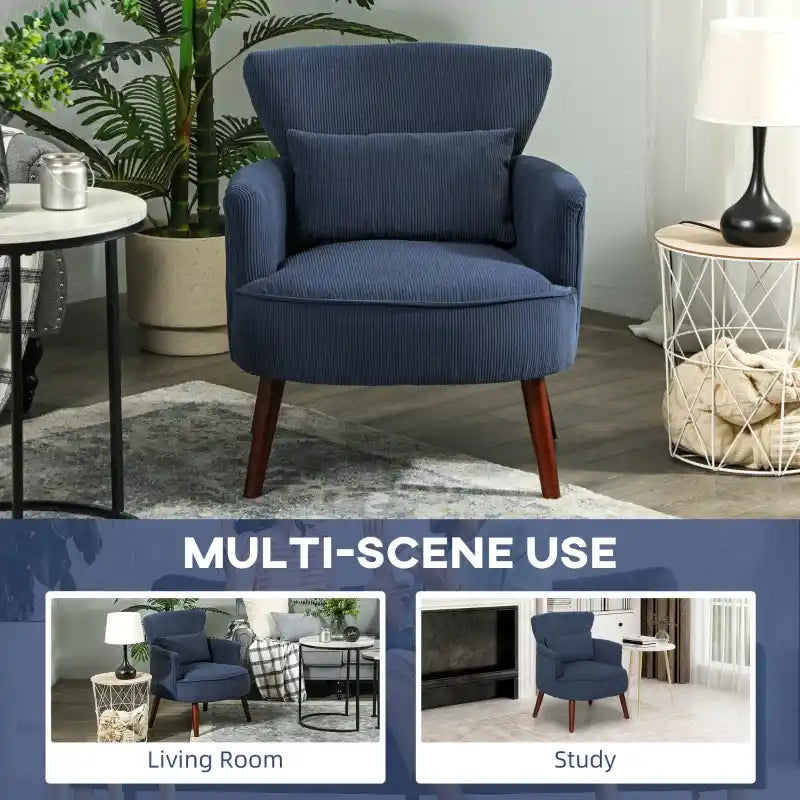 Blue corduroy accent armchair with rounded seat, tall back, and dark wood legs