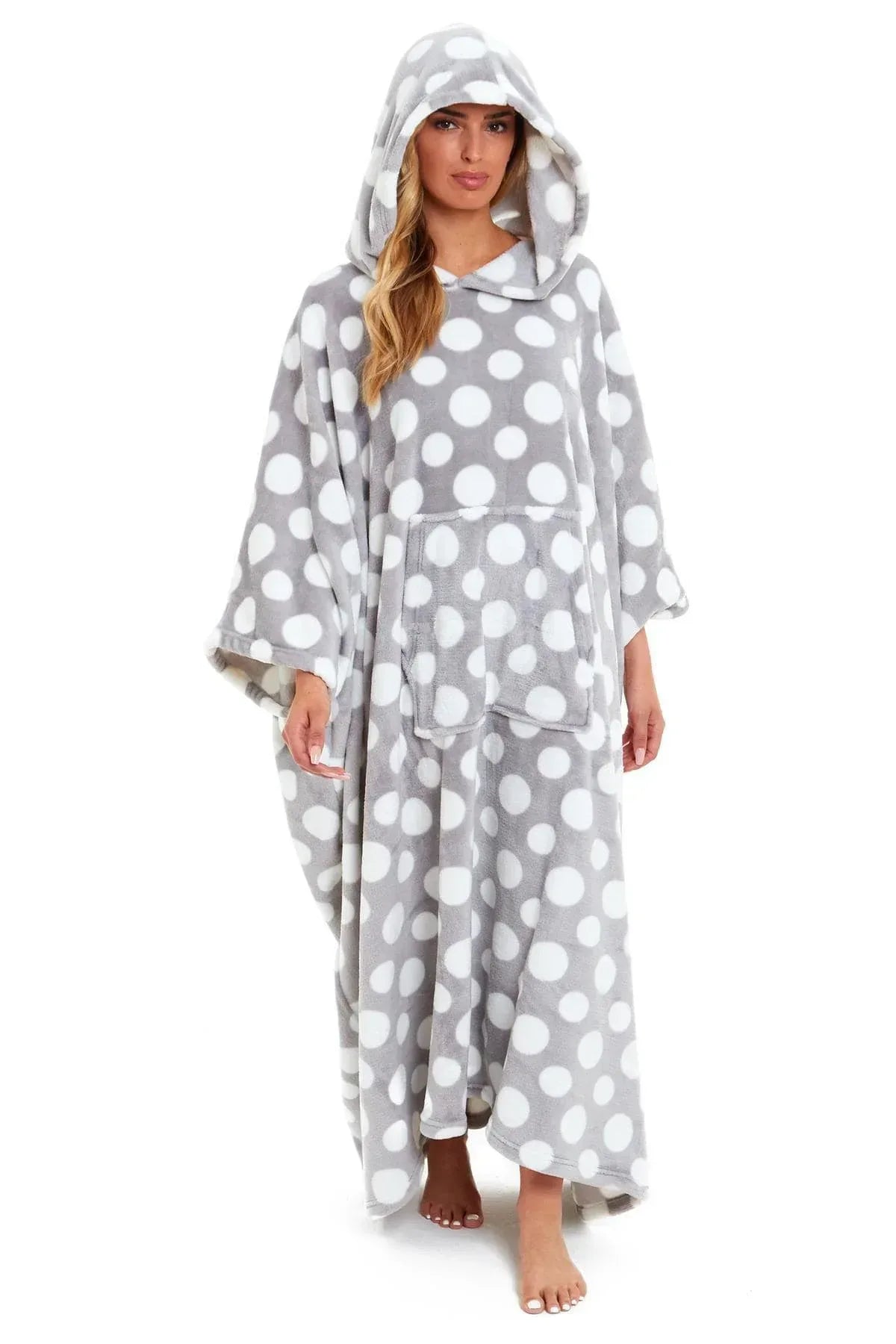 oversized-hooded-fleece-poncho-blanket-with-stars-and-polka-dots-plush-wearable-blanket-with-front-pocket-for-adults-indoor-outdoor-by-daisy-dreamer-grey-polka-dot-hooded-blanket-6311 - Bobobiy