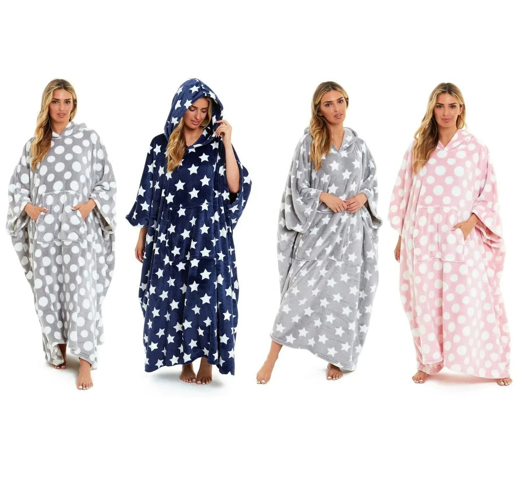 oversized-hooded-fleece-poncho-blanket-with-stars-and-polka-dots-plush-wearable-blanket-with-front-pocket-for-adults-indoor-outdoor-by-daisy-dreamer-hooded-blanket-631102165 - Bobobiy