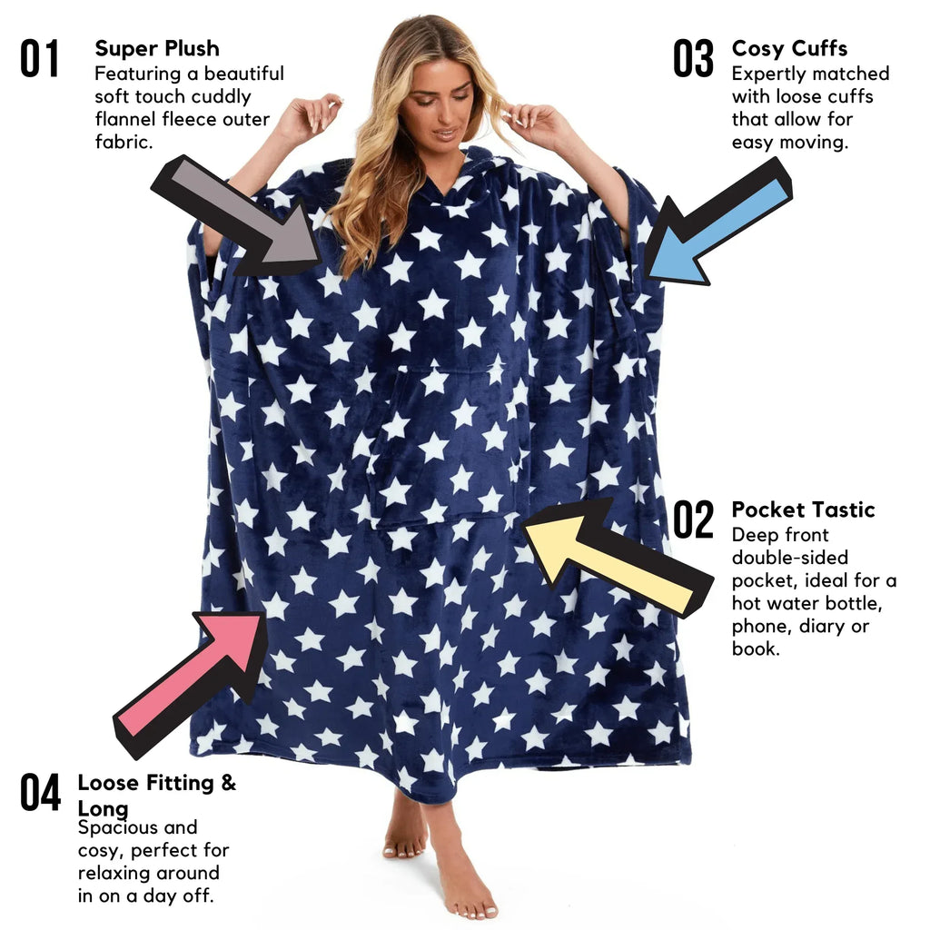 oversized-hooded-fleece-poncho-blanket-with-stars-and-polka-dots-plush-wearable-blanket-with-front-pocket-for-adults-indoor-outdoor-by-daisy-dreamer-hooded-blanket-631102166 - Bobobiy