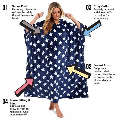 oversized-hooded-fleece-poncho-blanket-with-stars-and-polka-dots-plush-wearable-blanket-with-front-pocket-for-adults-indoor-outdoor-by-daisy-dreamer-hooded-blanket-631102166 - Bobobiy