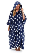 Navy hooded poncho blanket with white stars, front pocket, and relaxed draped fit.