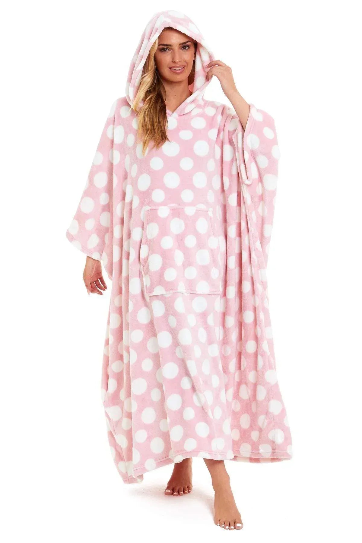 oversized-hooded-fleece-poncho-blanket-with-stars-and-polka-dots-plush-wearable-blanket-with-front-pocket-for-adults-indoor-outdoor-by-daisy-dreamer-pink-polka-dot-hooded-blanket-6311 - Bobobiy