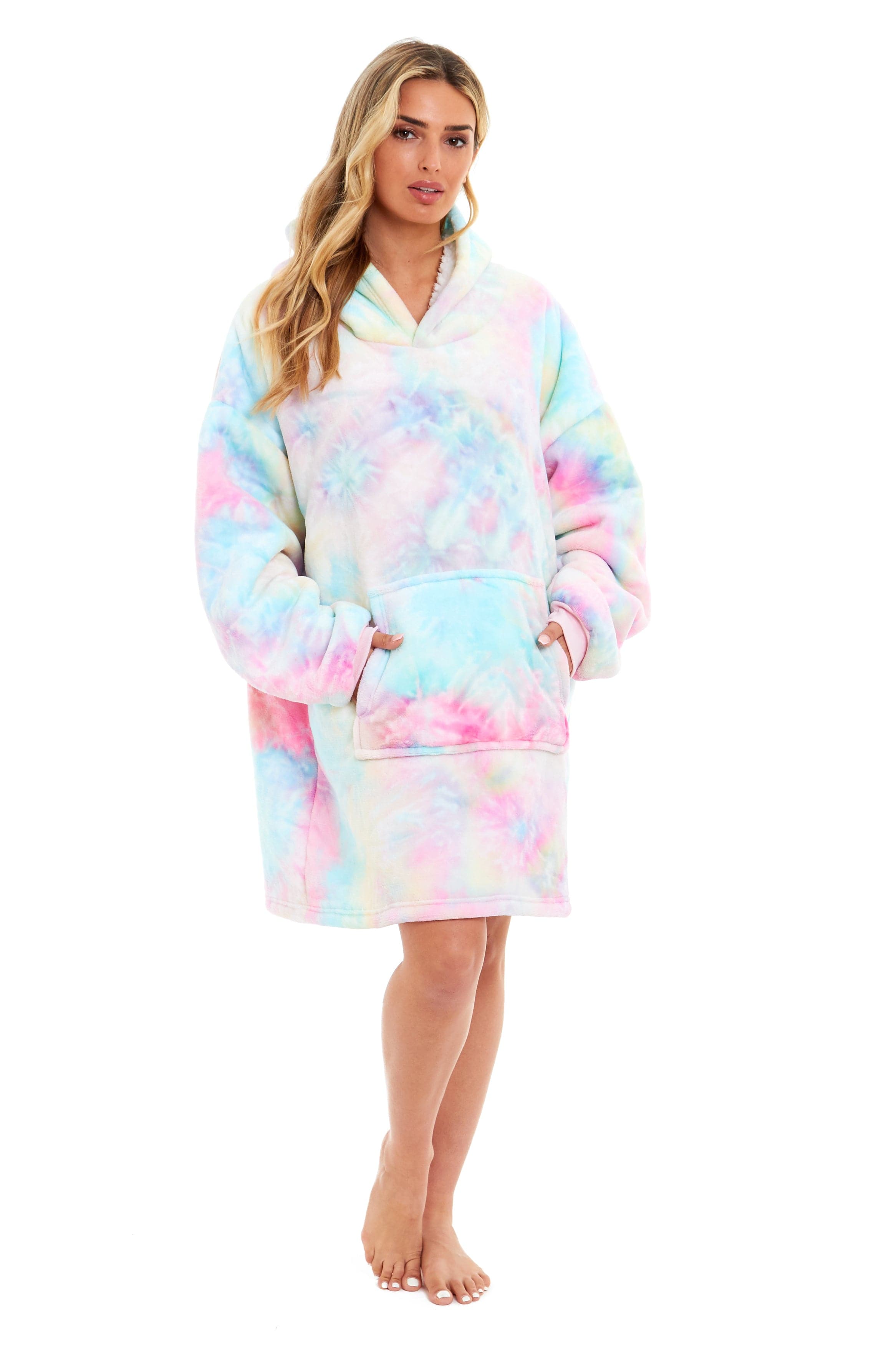 Oversized Tie Dye Rainbow Hooded Plush Fleece Blanket with Reversible Ultra Soft Sherpa, Giant Hoodie Sweatshirt for Adults and Kids with Elastic Cuffs and Pocket