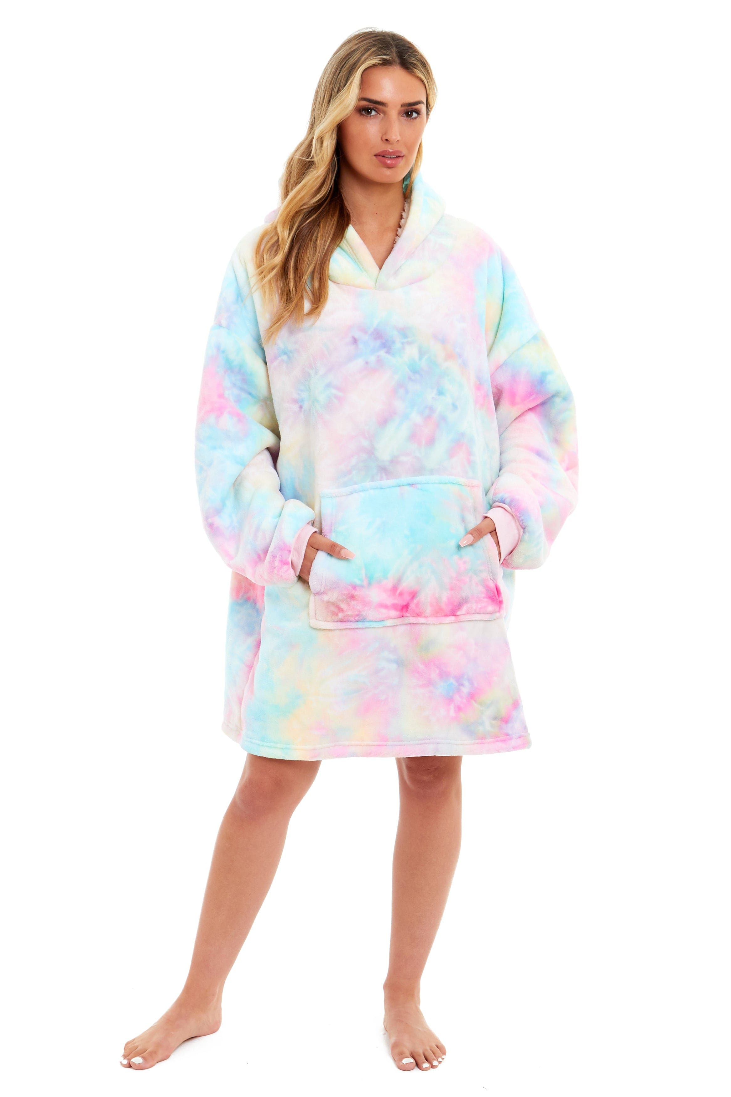 Oversized Tie Dye Rainbow Hooded Plush Fleece Blanket with Reversible Ultra Soft Sherpa, Giant Hoodie Sweatshirt for Adults and Kids with Elastic Cuffs and Pocket