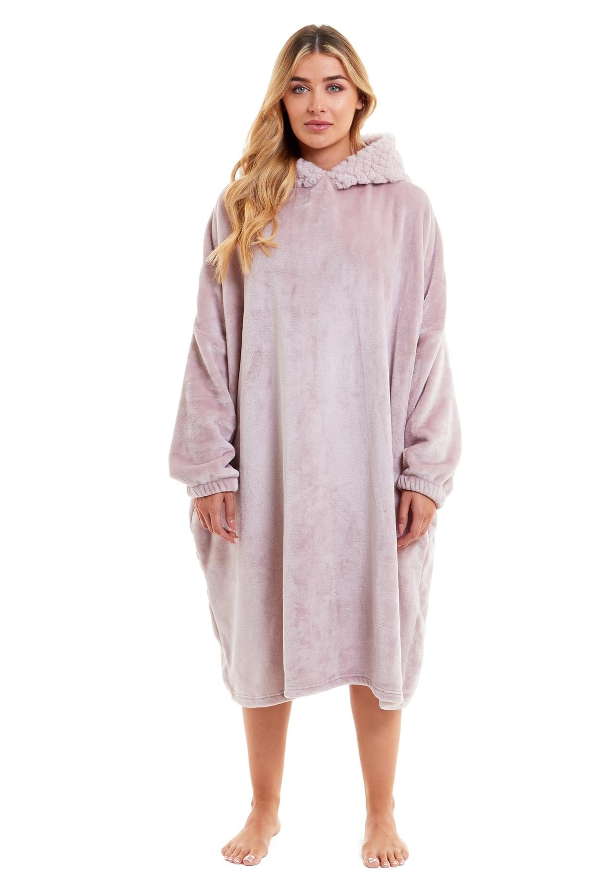 Oversized Women's Plush Hooded Poncho Blanket with Ultra-Soft Fur Hood and Double Pocket in Pink and Grey