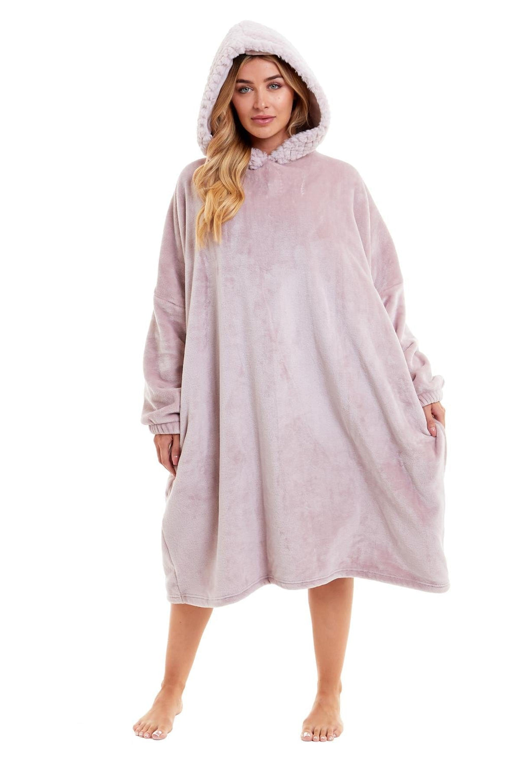 Oversized Women's Plush Hooded Poncho Blanket with Ultra-Soft Fur Hood and Double Pocket in Pink and Grey