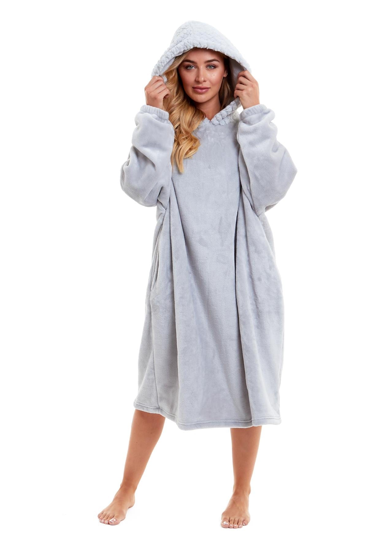 Oversized Women's Plush Hooded Poncho Blanket with Ultra-Soft Fur Hood and Double Pocket in Pink and Grey