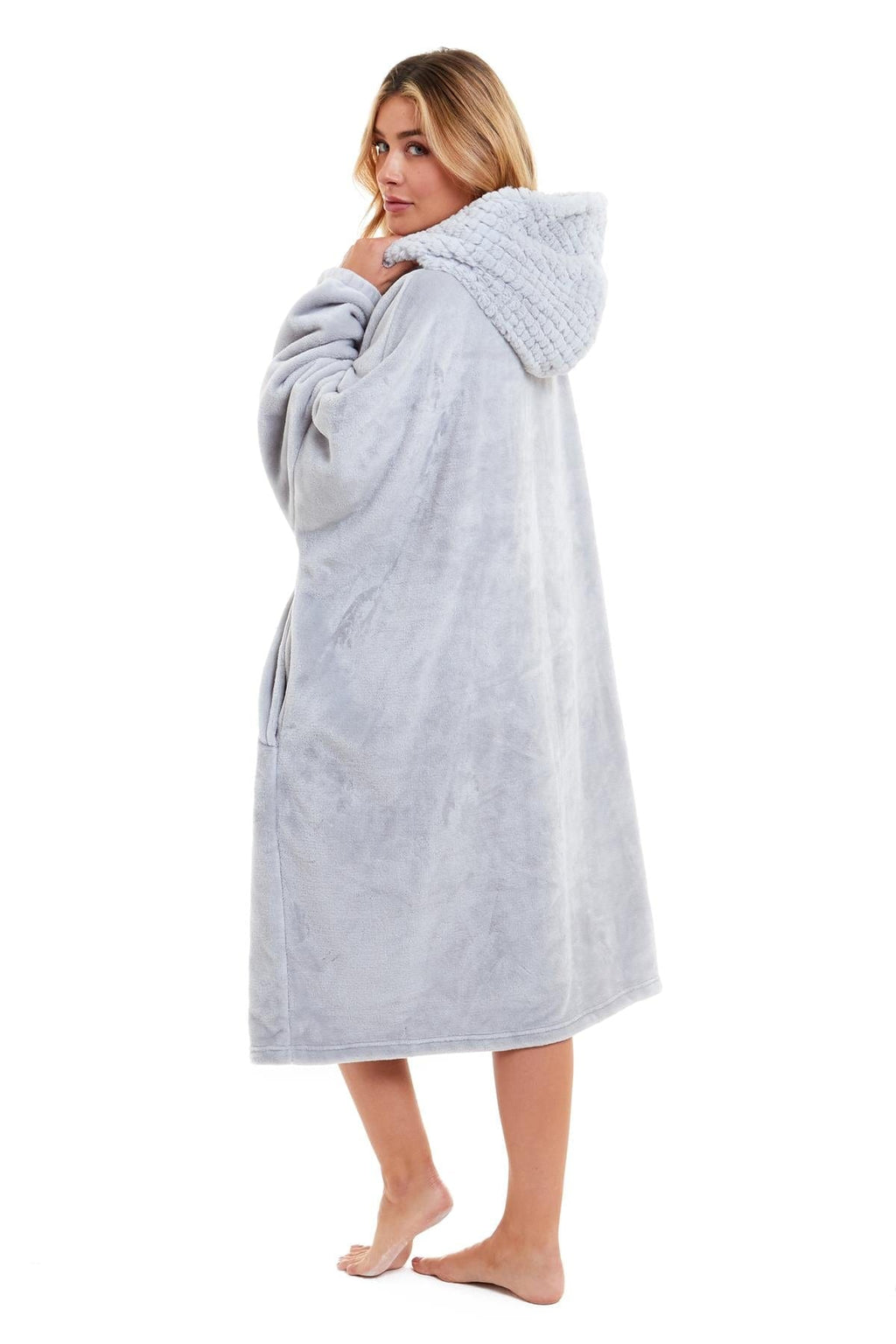 Oversized Women's Plush Hooded Poncho Blanket with Ultra-Soft Fur Hood and Double Pocket in Pink and Grey