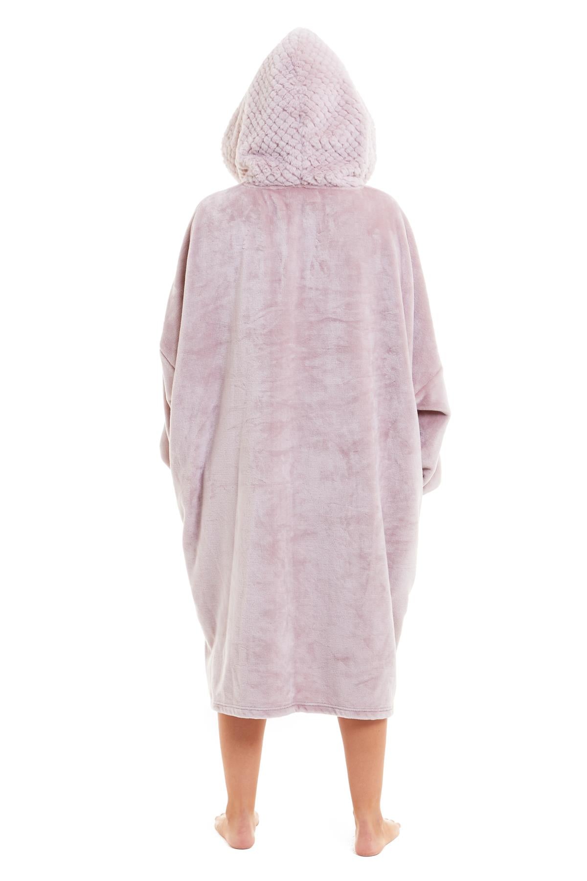 Oversized Women's Plush Hooded Poncho Blanket with Ultra-Soft Fur Hood and Double Pocket in Pink and Grey