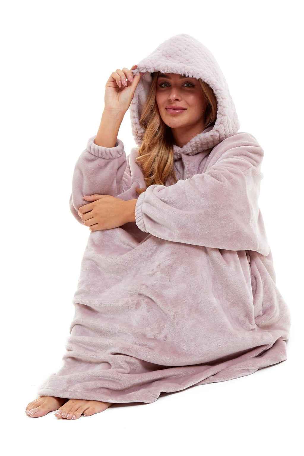Oversized Women's Plush Hooded Poncho Blanket with Ultra-Soft Fur Hood and Double Pocket in Pink and Grey