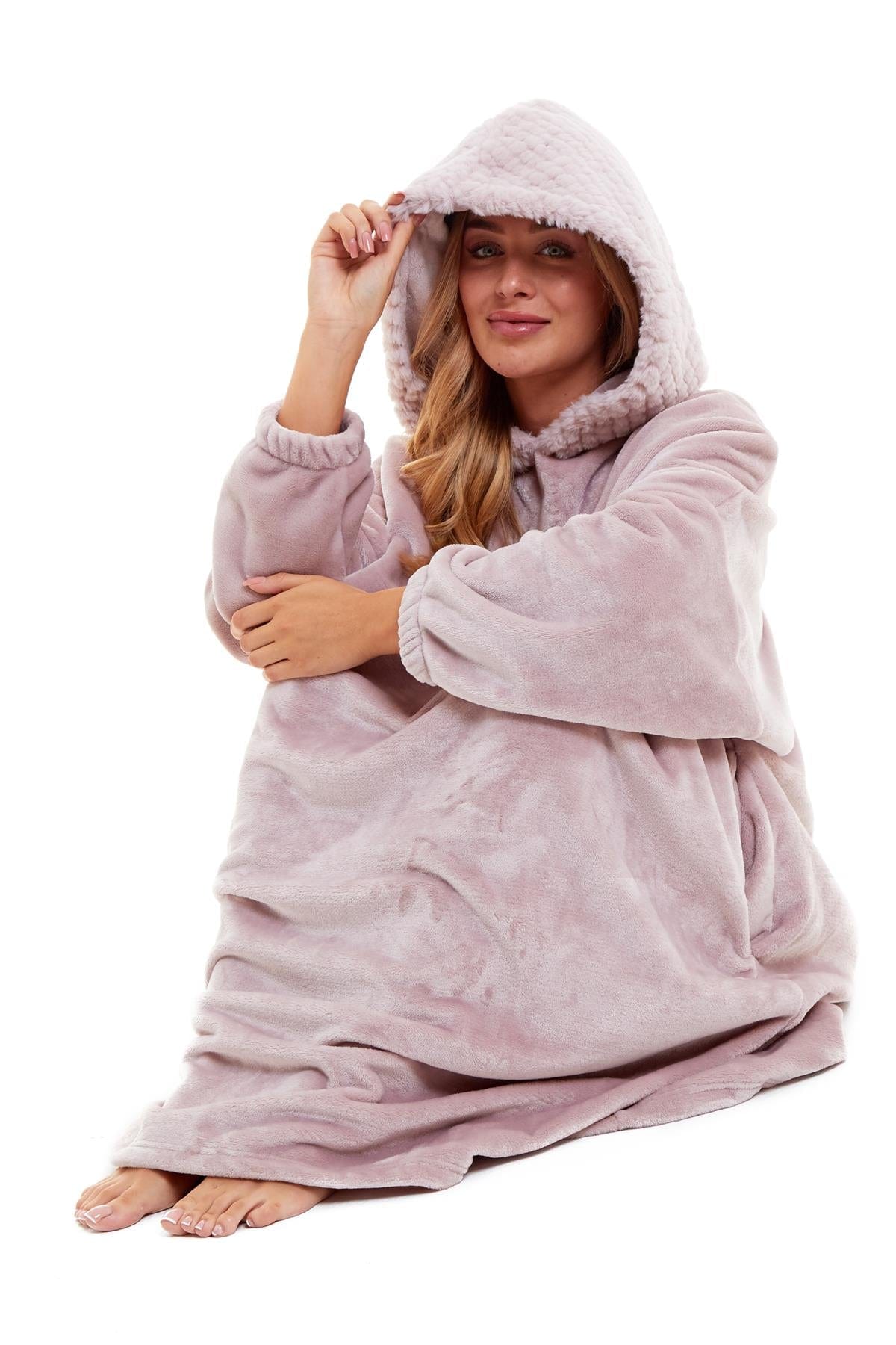 Oversized Women's Plush Hooded Poncho Blanket with Ultra-Soft Fur Hood and Double Pocket in Pink and Grey