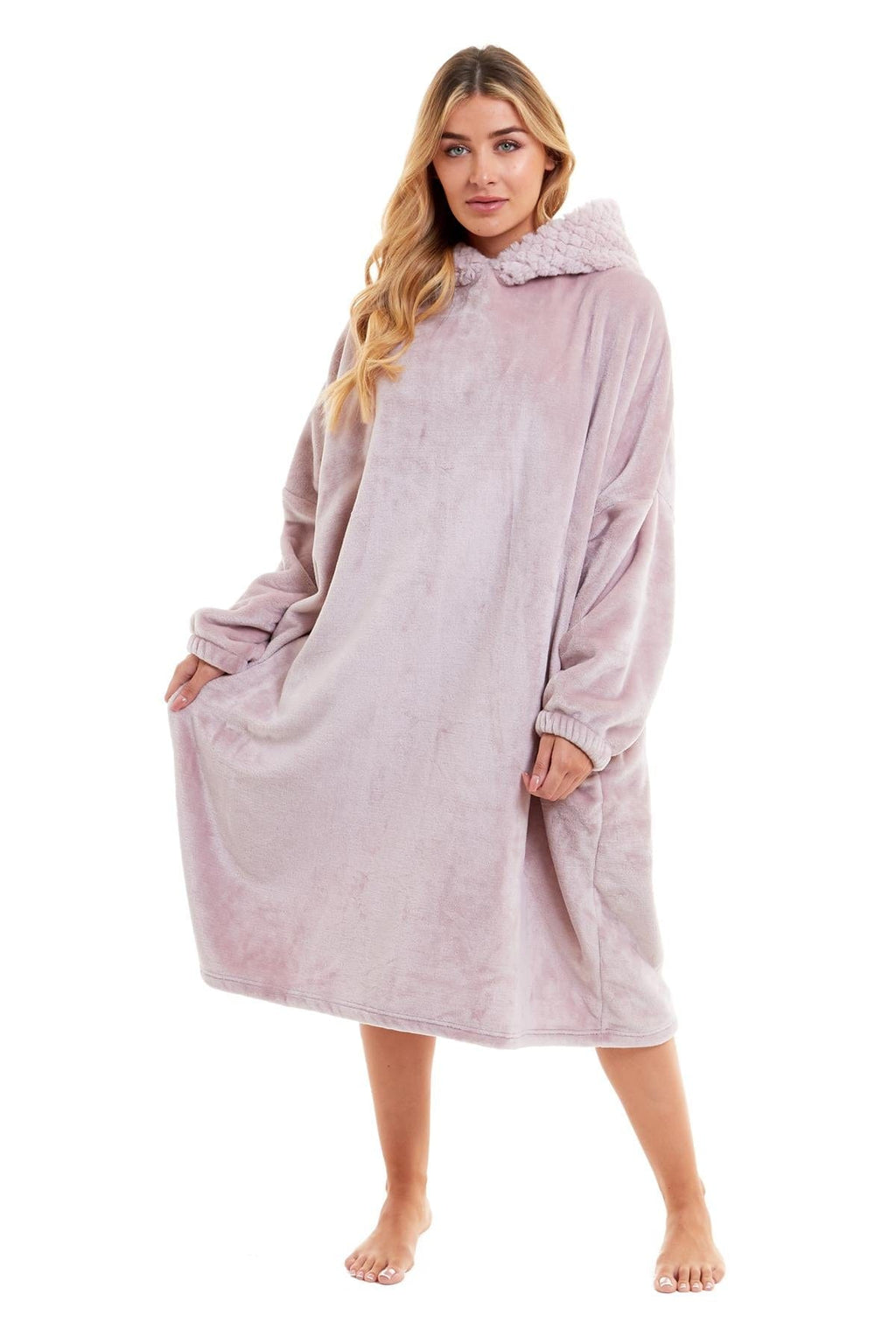 Oversized Women's Plush Hooded Poncho Blanket with Ultra-Soft Fur Hood and Double Pocket in Pink and Grey