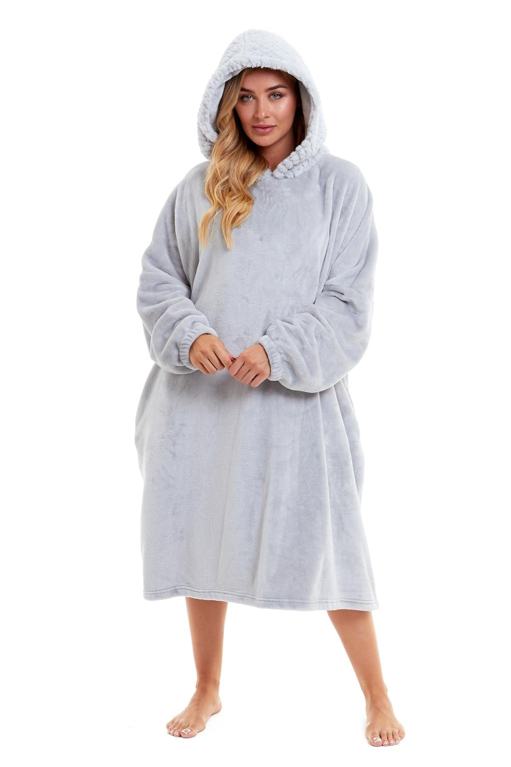 Oversized Women's Plush Hooded Poncho Blanket with Ultra-Soft Fur Hood and Double Pocket in Pink and Grey