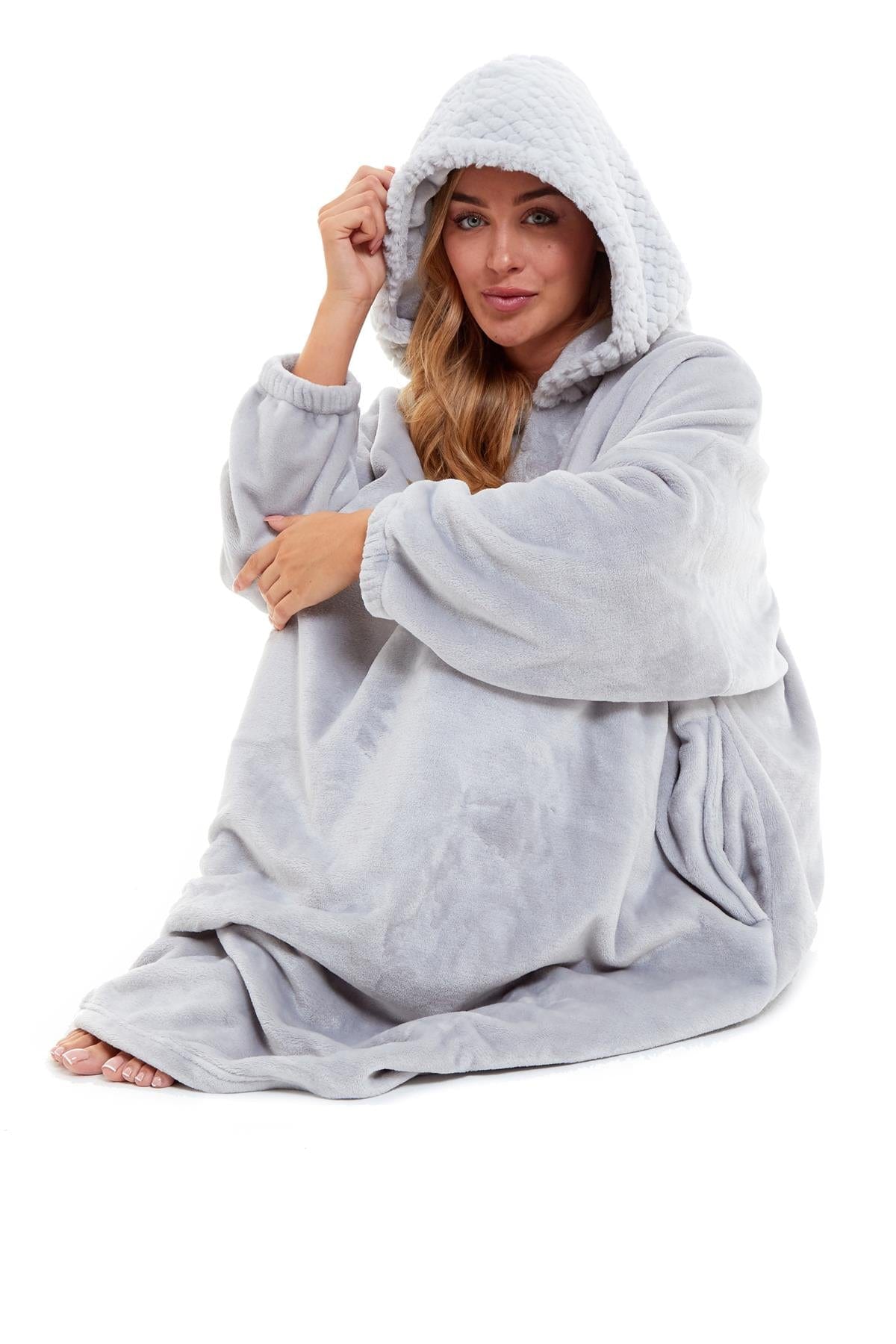Oversized Women's Plush Hooded Poncho Blanket with Ultra-Soft Fur Hood and Double Pocket in Pink and Grey