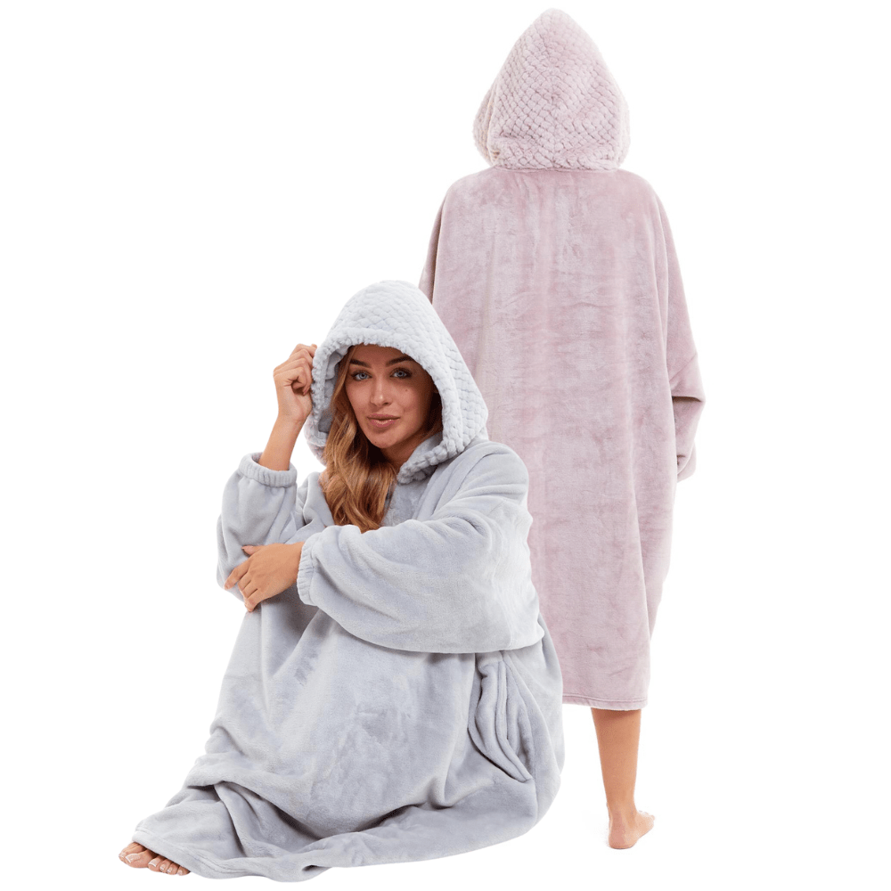 Oversized Women's Plush Hooded Poncho Blanket with Ultra-Soft Fur Hood and Double Pocket in Pink and Grey