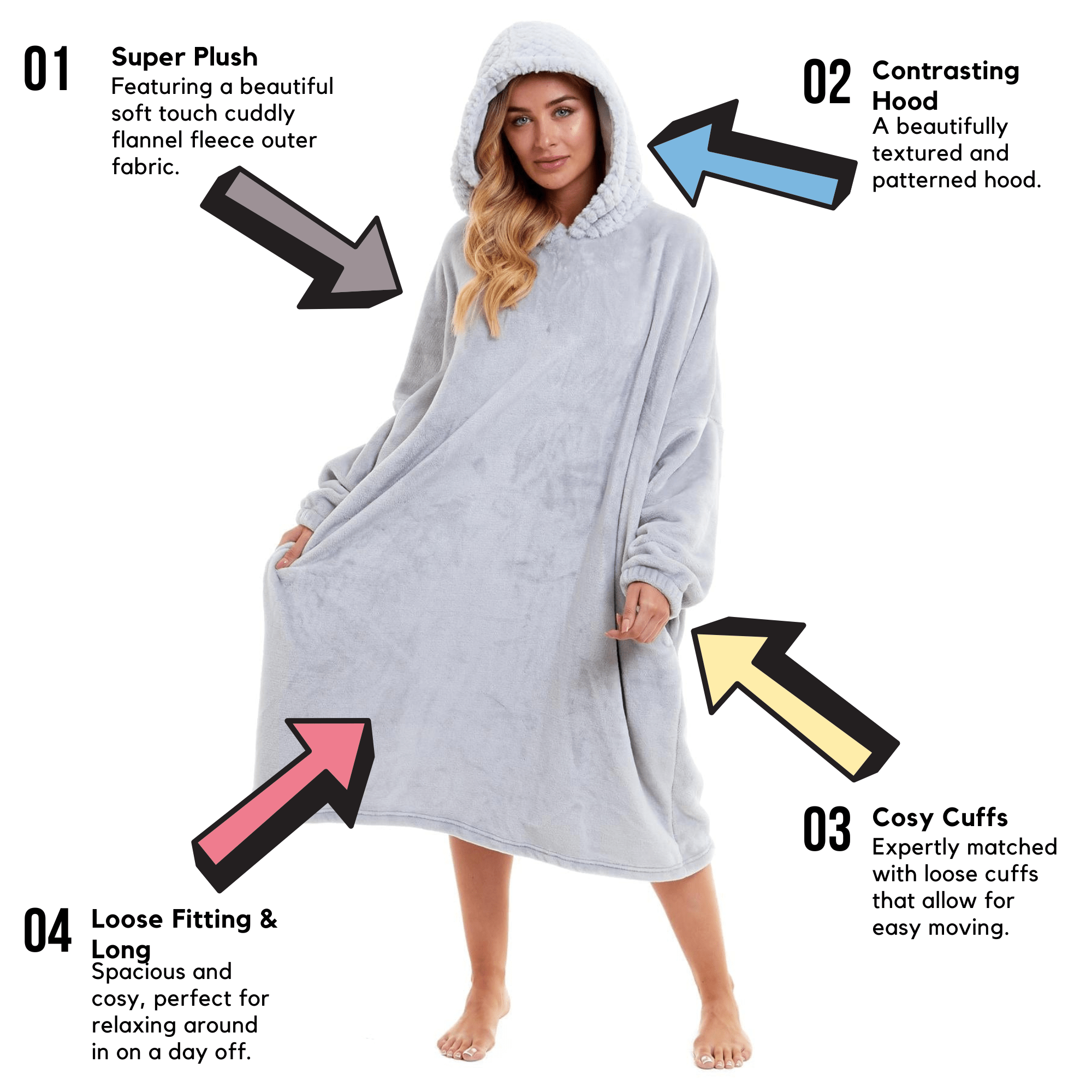 Oversized Women's Plush Hooded Poncho Blanket with Ultra-Soft Fur Hood and Double Pocket in Pink and Grey