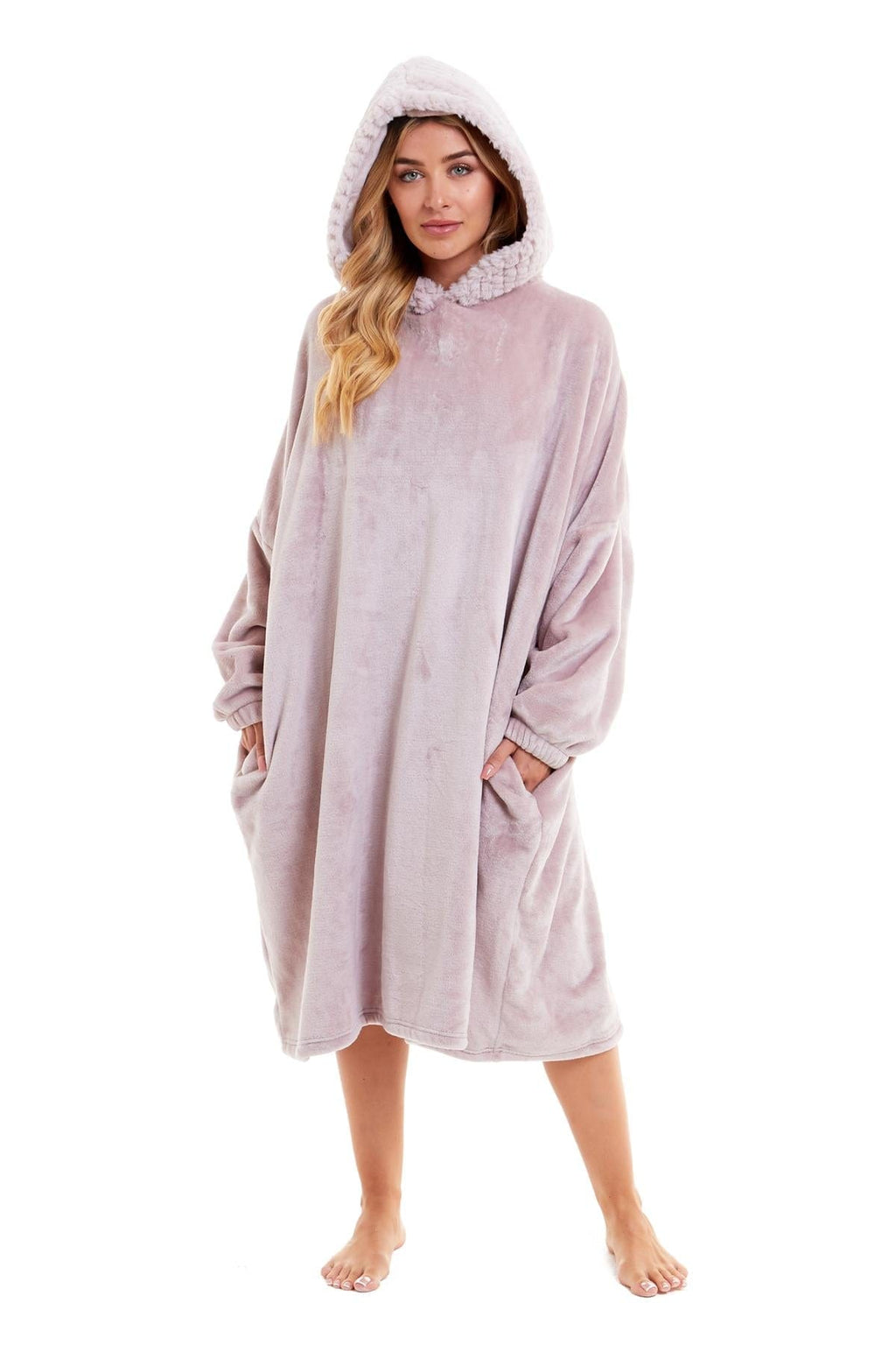 Oversized Women's Plush Hooded Poncho Blanket with Ultra-Soft Fur Hood and Double Pocket in Pink and Grey