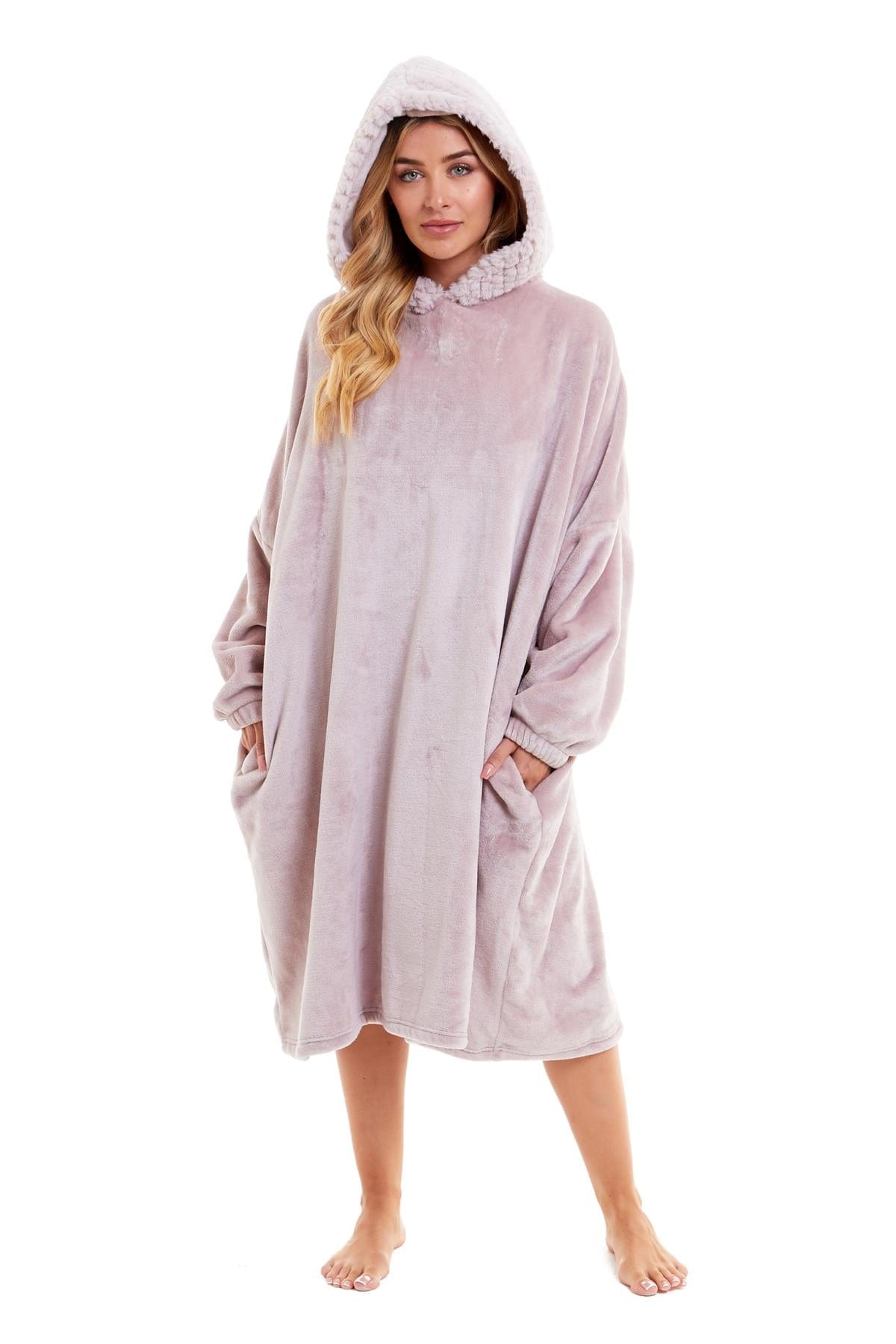Oversized Women's Plush Hooded Poncho Blanket with Ultra-Soft Fur Hood and Double Pocket in Pink and Grey