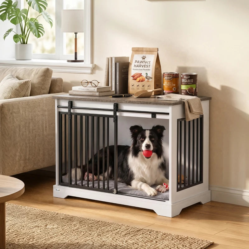 White dog crate furniture with black bars, medium dog inside with doors closed
