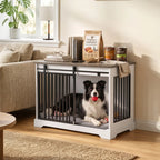 White dog crate furniture with black bars, medium dog inside with doors closed