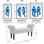 Greyish white upholstered bench with rounded arms and dark wooden legs, length 102 cm