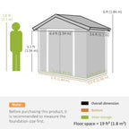 Metal garden storage shed size diagram with front double doors and height markers