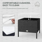 Black woven rattan coffee table with white cushion and removable, machine-washable cover
