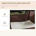 Faux lamb fleece mat inside brown pet carrier with soft white padding