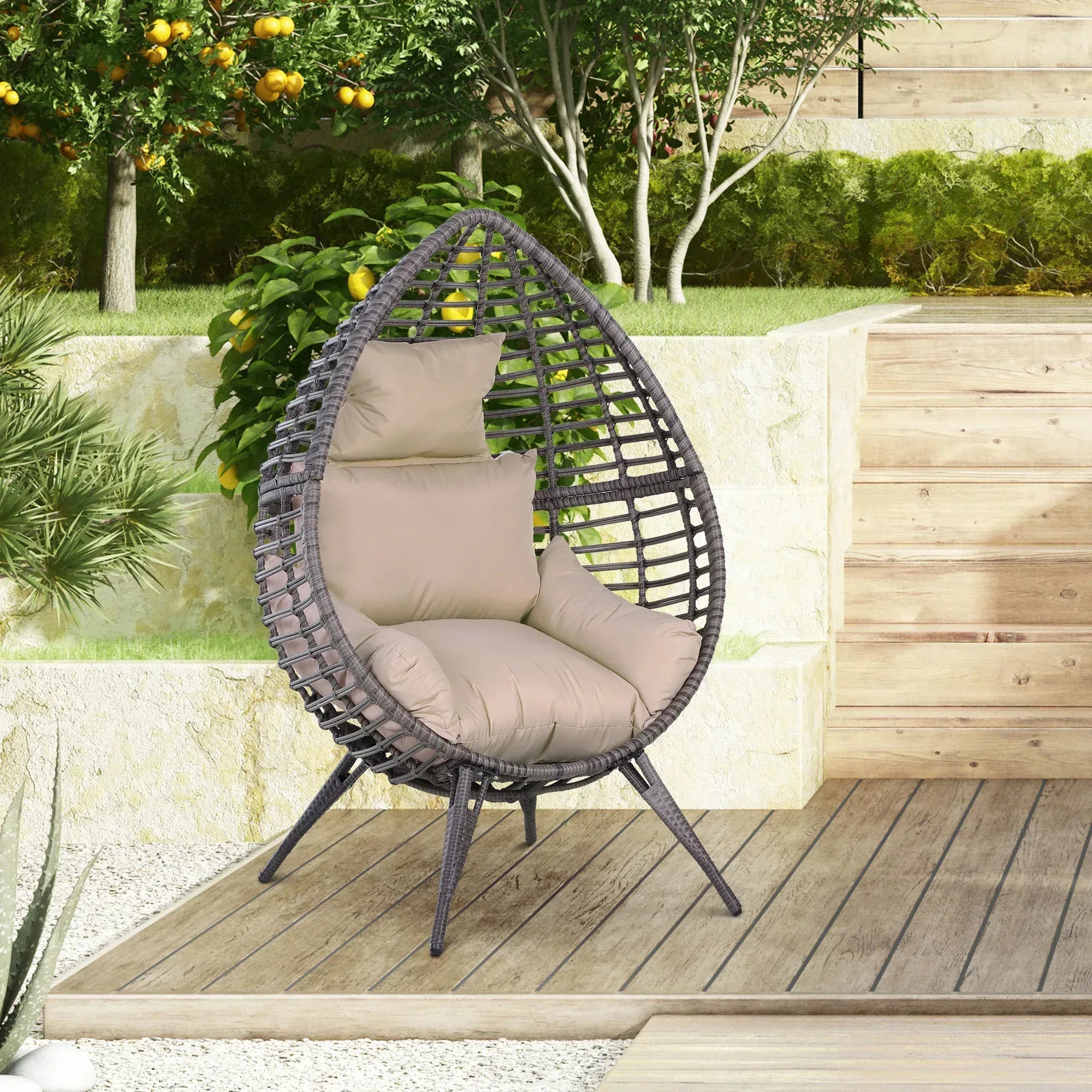 Garden Egg Chair, Teardrop Outdoor PE Rattan Chair with Full-body Soft Padded Cushion, Grey - Bobobiy