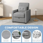 Light grey single chair bed with tufted seat, rounded arms, and tall backrest