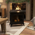 Black freestanding bioethanol stove with open doors showing burning flame