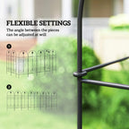 Black metal fence panel with adjustable layout at posts and decorative finials