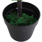 Black pot with green moss and artificial plant trunk, close-up