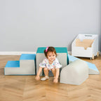 4-piece toddler soft play set with teal, light blue, and white foam blocks
