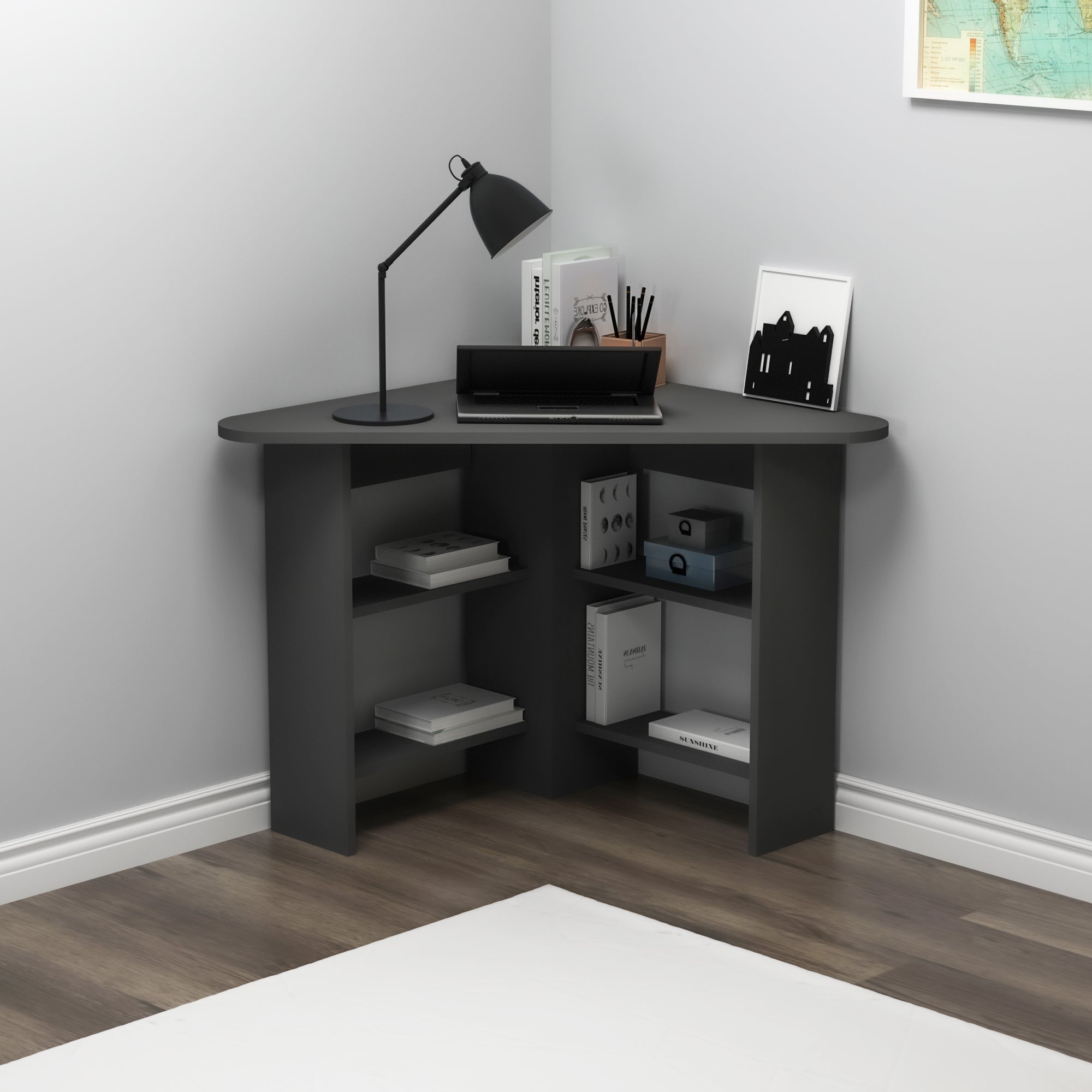 Corner Computer Desk with Shelves-Gredos