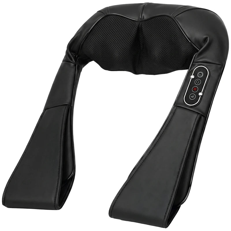 Black U-shaped neck and shoulder massage wrap with padded interior and side control buttons