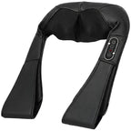 Black U-shaped neck and shoulder massage wrap with padded interior and side control buttons