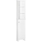 White freestanding tall bathroom cabinet with open shelves and shutter door front